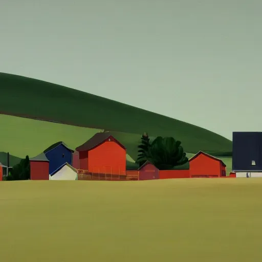 Image similar to dreaming futuristic rural landscape with modern houses, painted by Alex Katz and Edward Hopper, airbrush, highly detailed