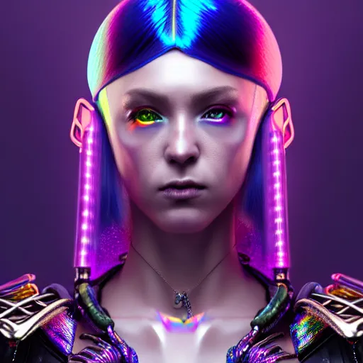 Image similar to hyperdetailed portrait of a stunningly beautiful cyberpunk british girl androgynous wizard guard made of iridescent metals and shiny purple gems, bright rainbow nimbus, led necklace, trash background inspired by ross tran and masamune shirow and kuvshinov, concept art, intricate, photorealistic, octane render, rtx, hdr, unreal engine, dnd digital art by artgerm