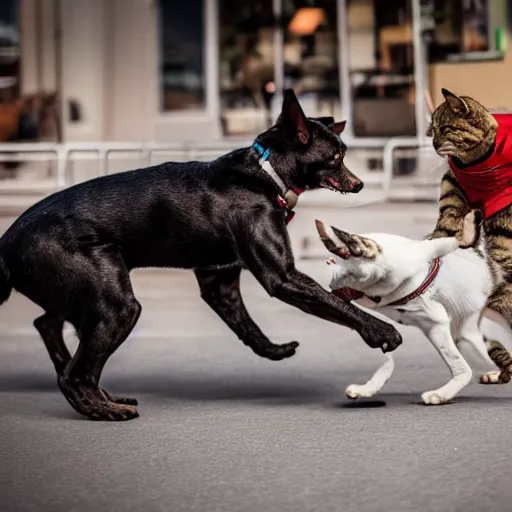 Prompt: dog-man fights cat-woman 8k photograph