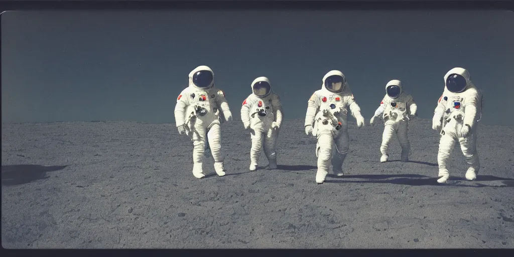 Prompt: polaroid photo of spacemen landing on a blue moon, slight color bleed, grain