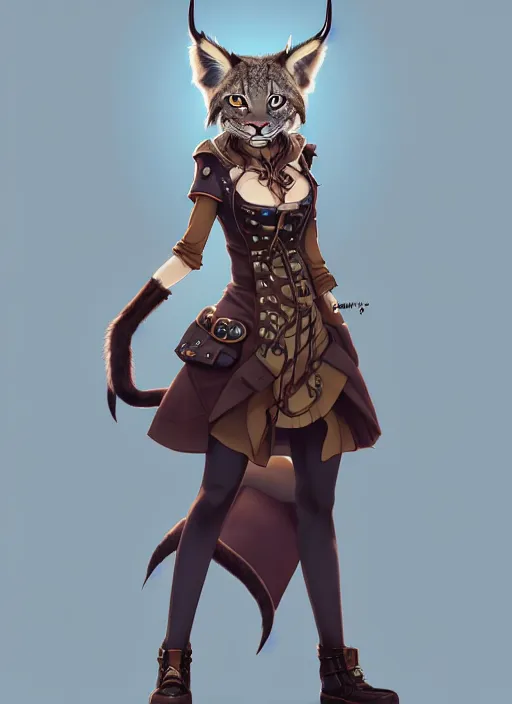 Image similar to wide angle beautiful full body portrait of a strong female anthropomorphic anthro lynx fursona wearing a steampunk dress. character design by disney, anime, manga, charlie bowater, ross tran, artgerm, and makoto shinkai, detailed, soft lighting, rendered in octane