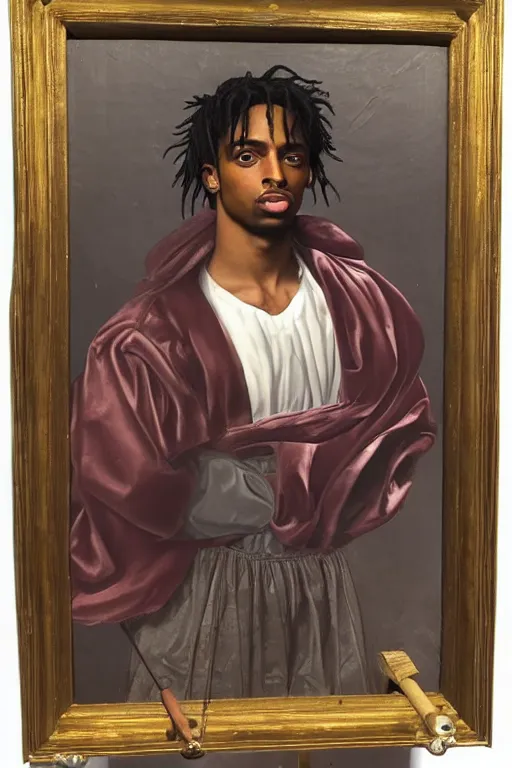 Image similar to a renaissance style portrait painting of playboi carti