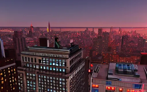 Image similar to spider - man on top of a building in new york watching the sunset, unreal engine 5, render, cg society