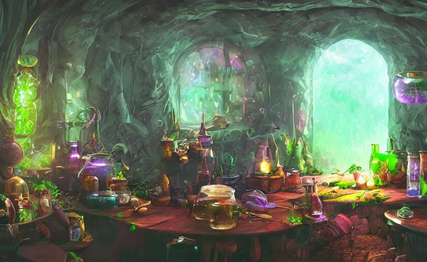 Prompt: interior of a witch's shot, bottles of potions, a large cauldron with bubbles, lush vegetation, artstation, concept art by peter chan, colorful lighting