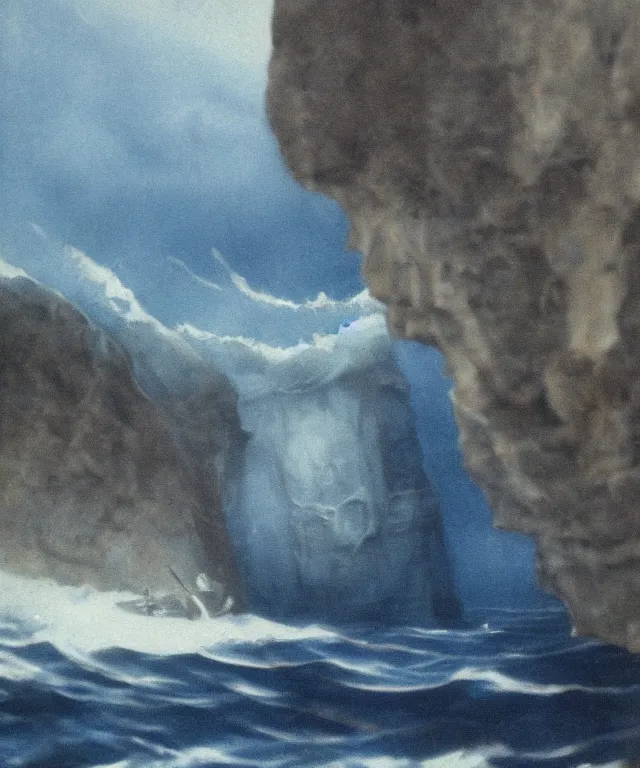 Prompt: photorealistic blue - toned photo of a 1 9 2 5 bay boat sailing near a jamaican cliff with the mouth of a sea cave at the waterline, dark, brooding, atmospheric, lovecraft, horror, smooth, epic, highly detailed, cinematic