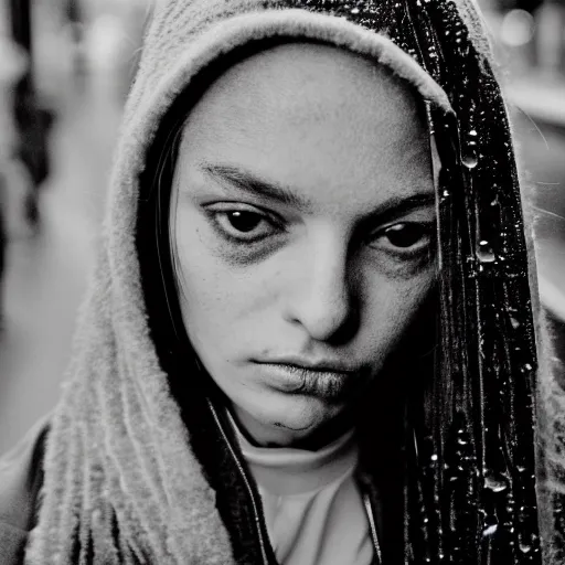 Image similar to black and white fashion photograph, highly detailed portrait of a depressed girl drug dealer on a Paris street at night, detailed face looking into camera, eye contact, natural light, long exposure, rain, mist, lomo, fashion photography, film grain, soft vignette, sigma 85mm f/1.4 1/10 sec shutter, Daren Aronofsky film still promotional image, IMAX 70mm footage