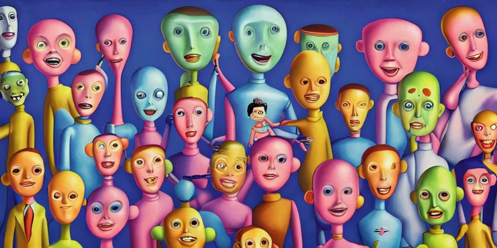 Image similar to Smooth Colorful Digital Painting by Mark Ryden in a 1950s atom-age Jetsons cartoon city, a group of 3D retro smiling dancing plastic children and robots, symmetrical faces; Photorealistic Wide-Shot Pixar RenderMan H 768