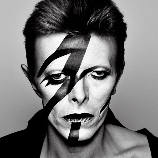 Prompt: black and white photo of david bowie with even pattern yin - yang facepaint face painted into one side white one side black, singing on top of a spaceship
