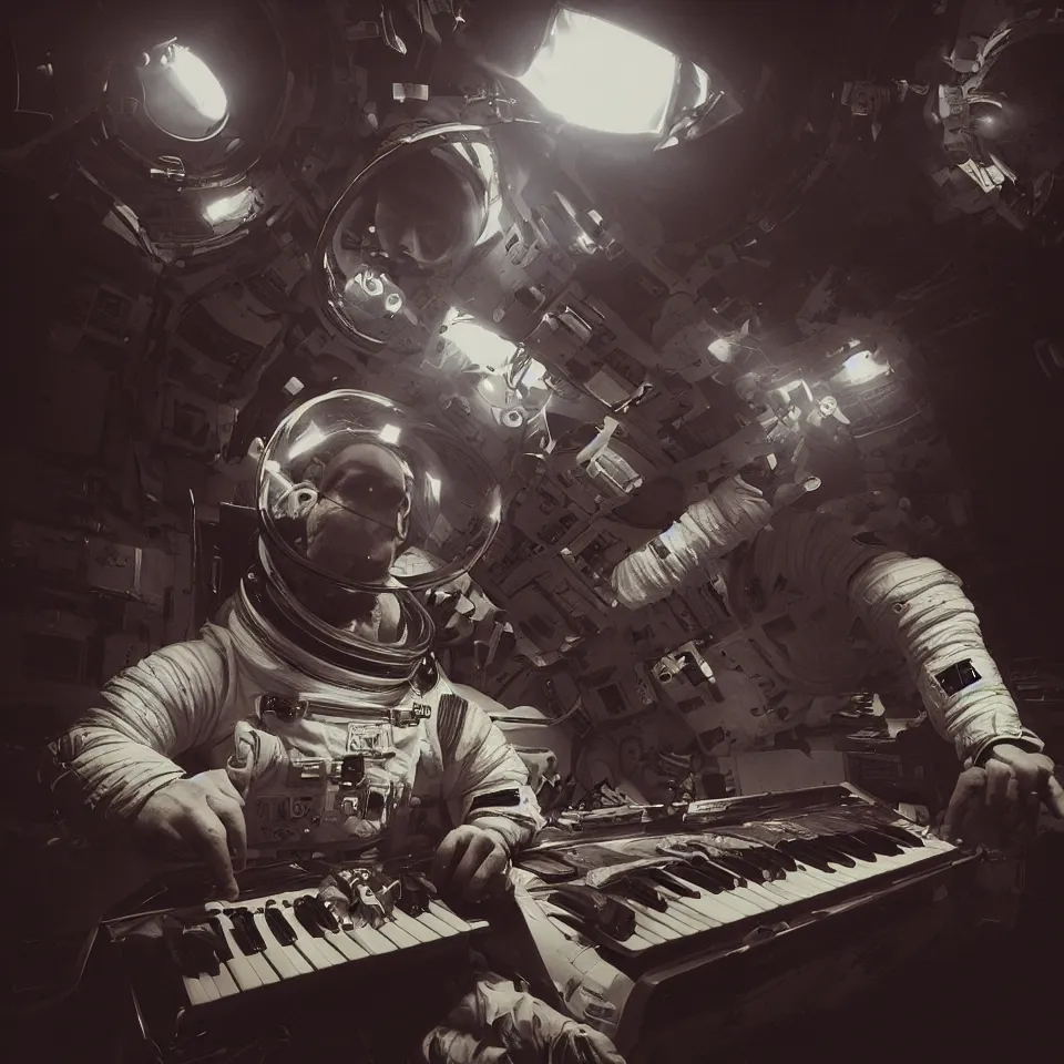Image similar to portrait astronaut playing a keyboard by ben templesmith, dynamic lighting, cinematic, epic composition, masterpiece