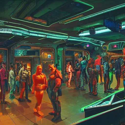 Image similar to highly detailed crowded used future casino, robots humans and extraterrestrials, on a crowded space station, jim henson creature shop, 1 9 8 0 s science fiction, 1 9 7 0 s science fiction, alien 1 9 7 9, cyberpunk, 3 d oil painting, depth perception, 4 k, artstation