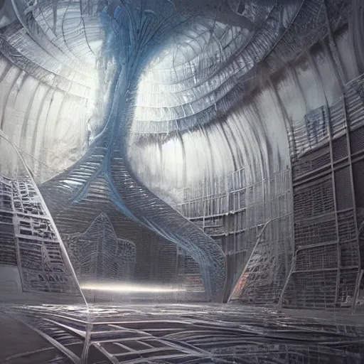 Image similar to inside epic futuristic structure by raymond swanland and zdzisław beksinski, highly detailed