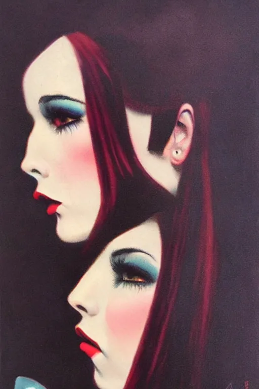 Prompt: portrait 1 9 6 0 s beautiful mod girl, long straight 6 0 s hair with bangs, wearing velvet, vampire, glam, groovy, by brom, tom bagshaw