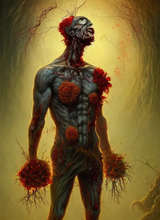 Prompt: zombie with flowers sprouting out of his body, in the style of tomasz alen kopera and fenghua zhong and peter mohrbacher, mystical colors, rim light, beautiful lighting, 8 k, stunning scene, raytracing, octane, trending on artstation