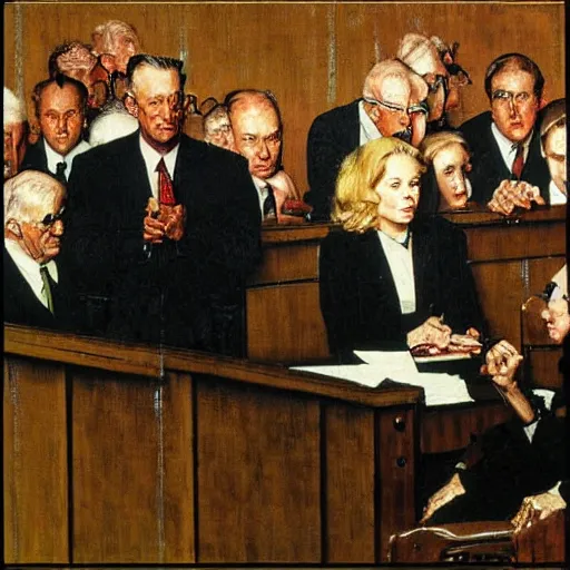 Image similar to liz cheney being judged at the nuremberg trials, artist norman rockwell,