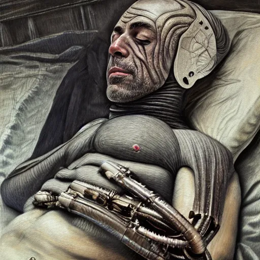 Image similar to joe rogan sleeping by H. R. Giger trending on artstation, detailed art, oil painting, high fantasy, horror, science fiction