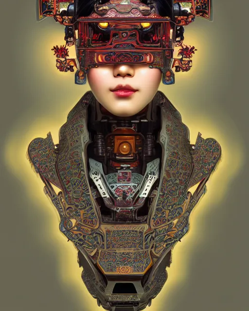 Image similar to portrait of a cyberpunk machine, machine face, upper half portrait, decorated with chinese opera motifs, asian, fine china, traditional chinese art, intricate, elegant, highly detailed, symmetry, headpiece, digital painting, artstation, concept art, smooth, sharp focus, illustration, art by artgerm and greg rutkowski and alphonse mucha, 8 k