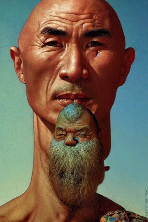 Prompt: beautiful cute bald kazakh guy with a short beard, painted by beksinski, norman rockwell, jack kirby, tom lovell, alex malveda, greg staples