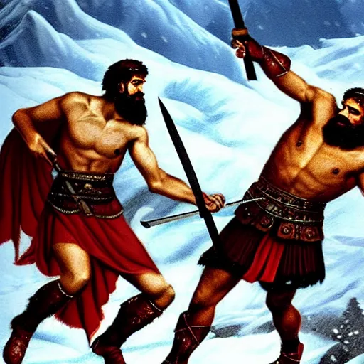 Image similar to ultra realistic leonidas i of sparta and richard the lionheart have a final duel on the snowy peaks, a blizzard is occurring, detailed