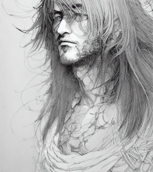 Image similar to portrait of anime man with long hair wearing a white robe stained, pen and ink, intricate line drawings, by craig mullins, ruan jia, kentaro miura, greg rutkowski, loundraw