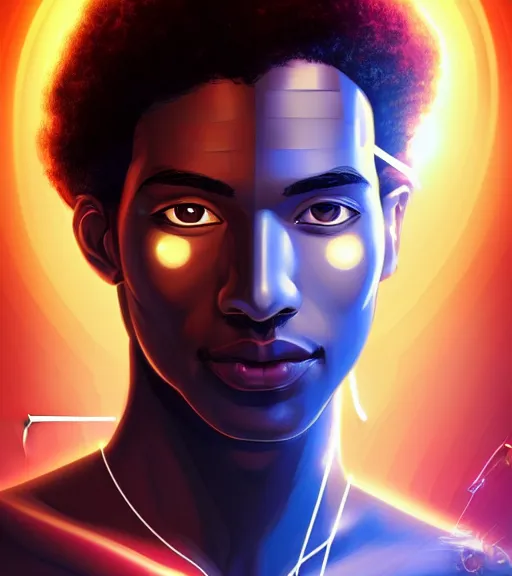 Image similar to symmetry!! egyptian prince of technology, solid cube of light, hard edges, product render retro - futuristic poster scifi, lasers and neon circuits, brown skin man egyptian prince, intricate, elegant, highly detailed, digital painting, artstation, concept art, smooth, sharp focus, illustration, dreamlike, art by artgerm