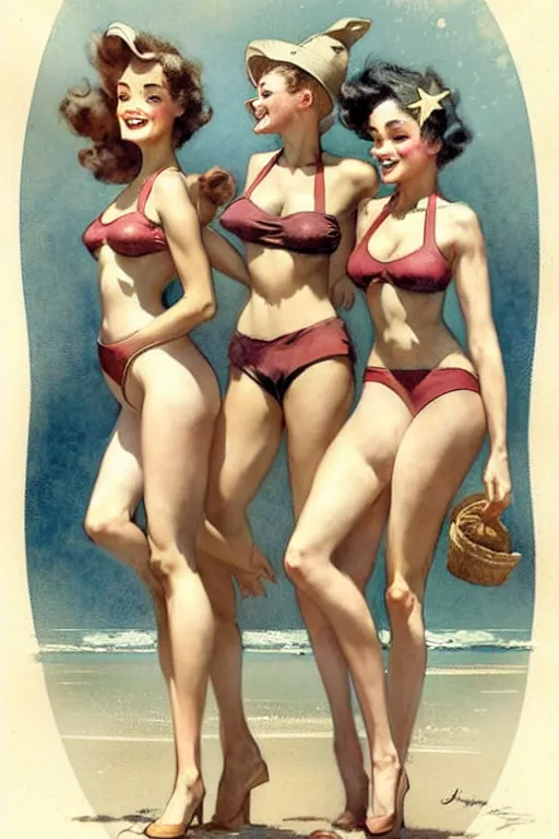 Image similar to (((((1950s three adventure bikini girls playing together character illustration. muted colors.))))) by Jean-Baptiste Monge !!!!!!!!!!!!!!!!!!!!!!!!!!!