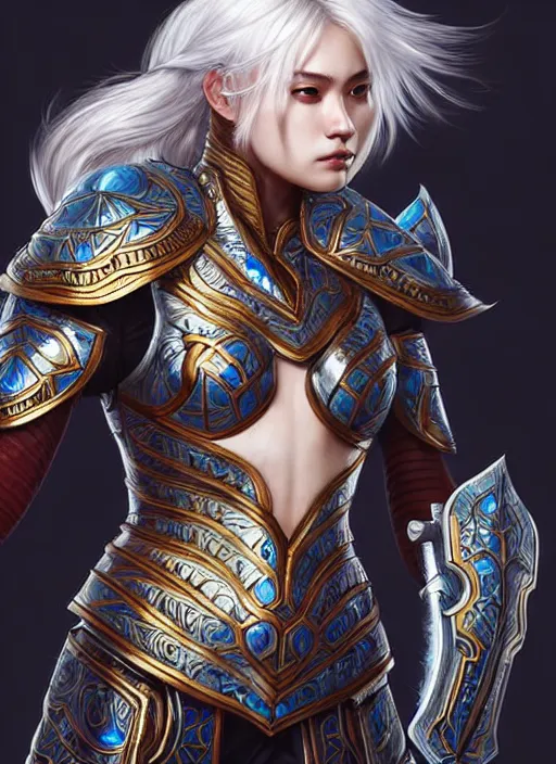 Image similar to warrior, intricate ornate opal heavy armor!!! beautiful and athletic white hair female!! monster hunter!! character concept art, sharp focus, octane render! unreal engine 5! highly rendered!! trending on artstation!! detailed linework!! illustration by artgerm, wlop, and chie yoshii