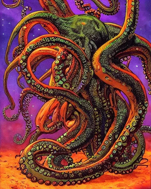 Image similar to a painting of an octopus attacking a giant squid, a fine art painting by gary freeman and by tim white and by philippe druillet, artstation, fantasy art, lovecraftian, bioluminescence, cosmic horror