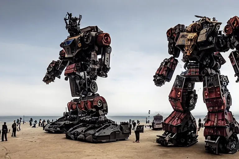 Image similar to cinematography of giant Mech on Santa Monica peer By Emmanuel Lubezki