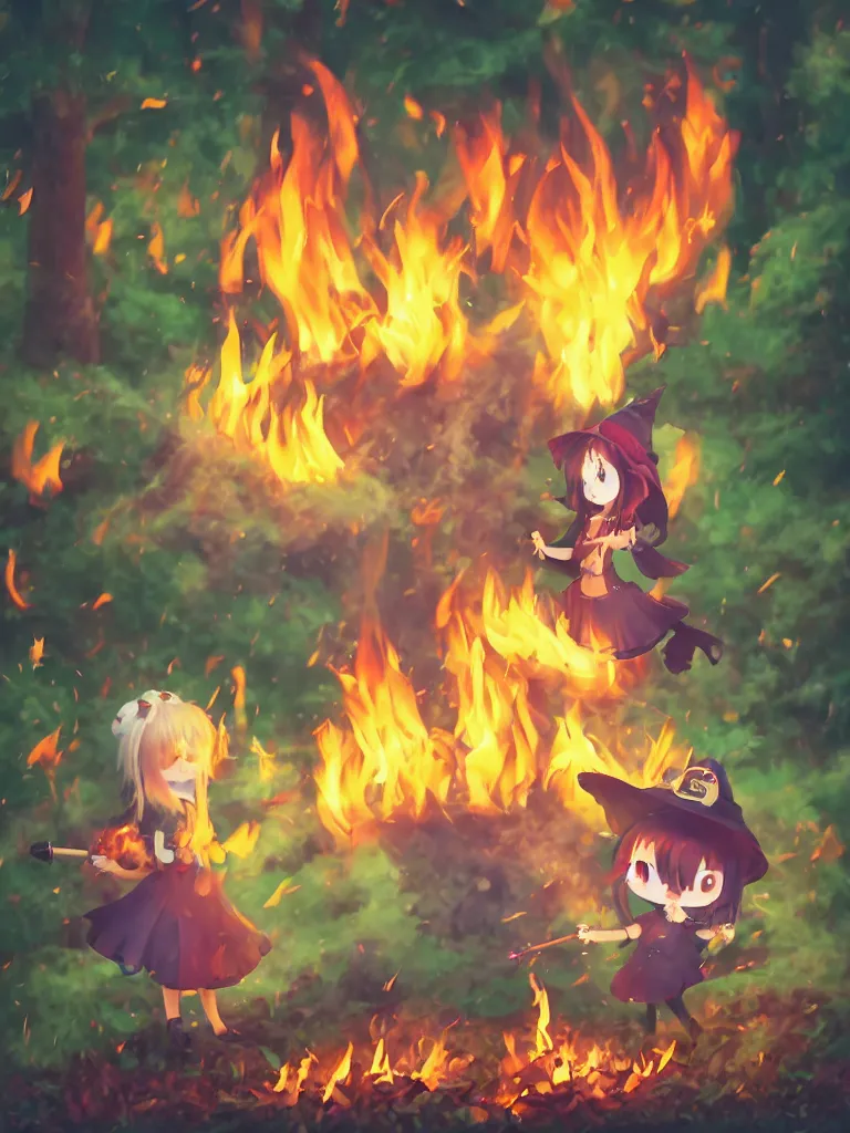 Prompt: cute fumo plush manic happy witch pyromaniac girl giddily starting a huge bonfire in the forest, anime, burning flames, warm glow and volumetric smoke vortices, rule of thirds composition, vignette, vray