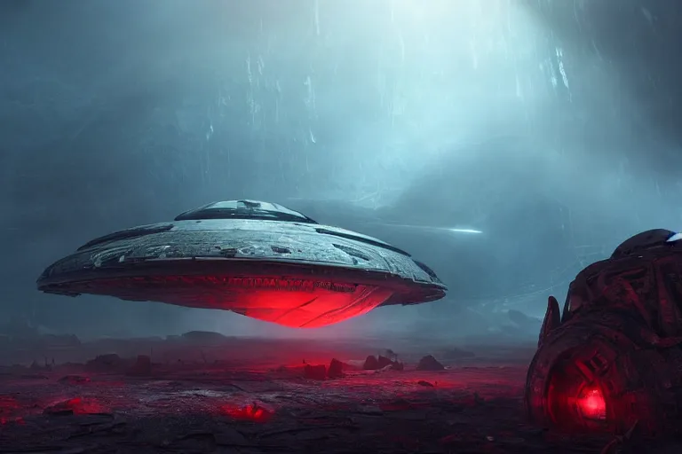 Image similar to a crashed huge alien spaceship on an alien planet in giger style, realistic, octane render, foggy, atmospheric lighting , rays of light, small red lights, wide angle perspective