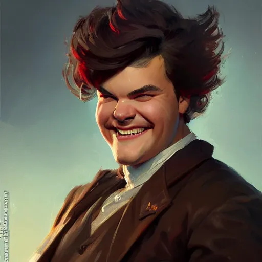 Image similar to portrait painting of a jack black age 2 5, bright and energetic, with a sweet smile and coiffed hair, render cinematic lighting art 1 9 2 0 period drama by bussiere rutkowski andreas rocha