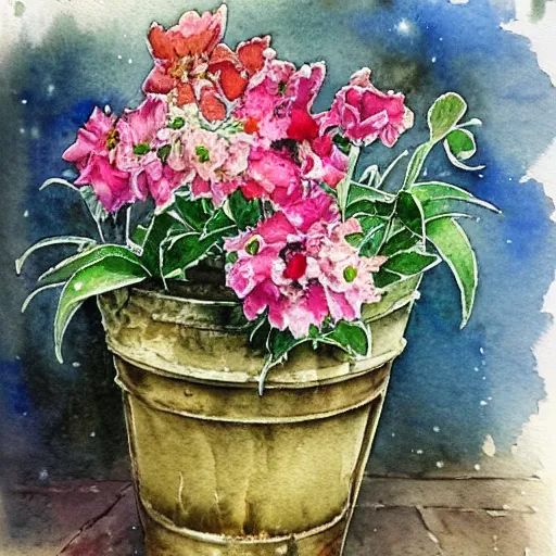 Image similar to a beautifull intricate watercolor painting of potted planter with flowers inside sitting on wet sidewalk, reflexions, high details by william turner art