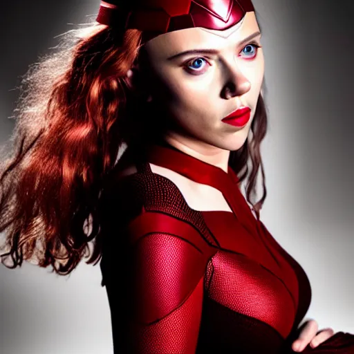 Image similar to scarlett johansson dressed as the scarlet witch, photographic portrait, studio lighting