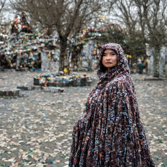 Prompt: a woman wearing a cloak made of birds, in an abandoned theme park, by omar z. robles, canon eos c 3 0 0, ƒ 1. 8, 3 5 mm, 8 k, medium - format print