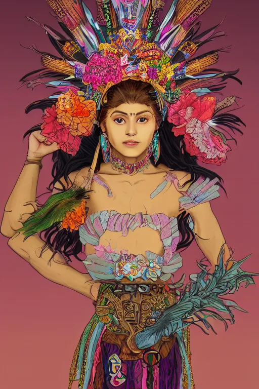 Image similar to medium body shot portrait photo of female magical aztec warrior wearing a crown of long magical quetzal feathers and peony flowers as a cyberpunk cyborg goddess - realistic and detailed, by aaron de leon, sandro boticelli, studio ghibli and alphonse mucha, hdr 8 k