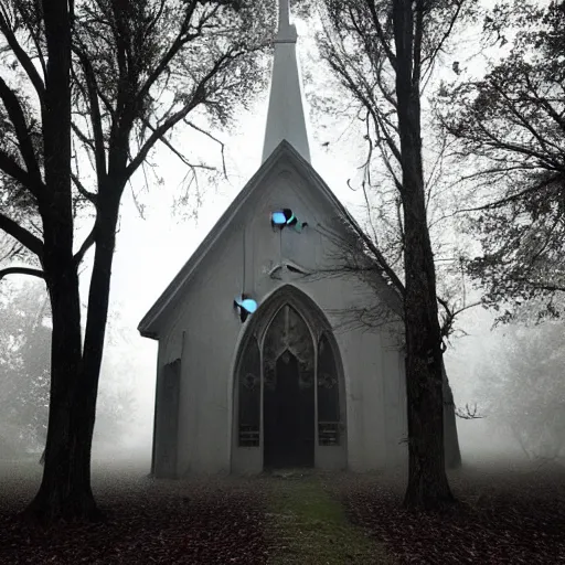 Prompt: in front of an abandoned church, many people with cloaks, dark forest, rain, dense fog, shining eyes