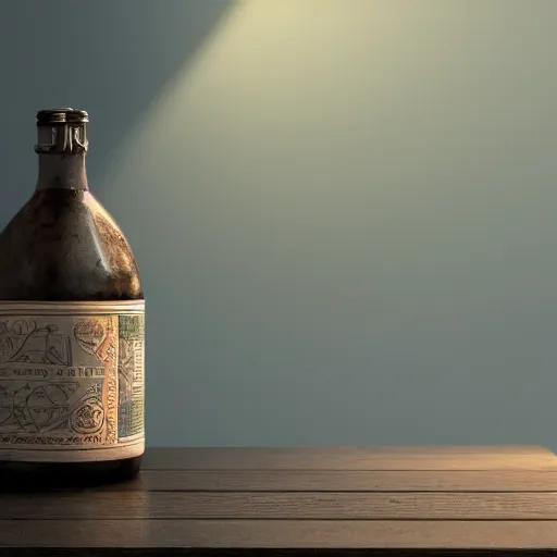 Prompt: a round bottle on a table, natural lighting, ultra realistic, concept art, intricate details, highly detailed, photorealistic, octane render, 8 k, unreal engine