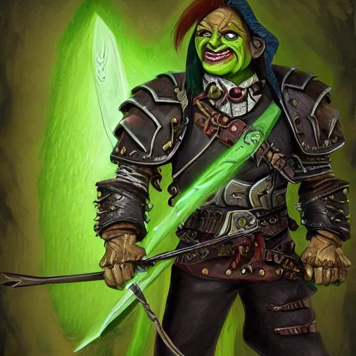 Prompt: character portrait of a wild - eyed green - skinned androgynous goblin pirate wielding daggers and wearing fully clothed leather armor. d & d. warhammer fantasy. digital painting. high detail.