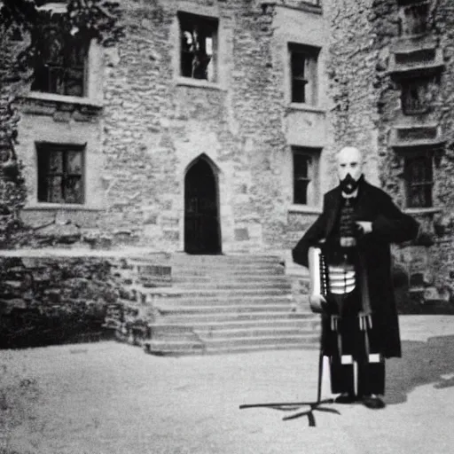 Image similar to vintage photograph of count orlok outside his castle, playing accordion, castle in the background, 4 k