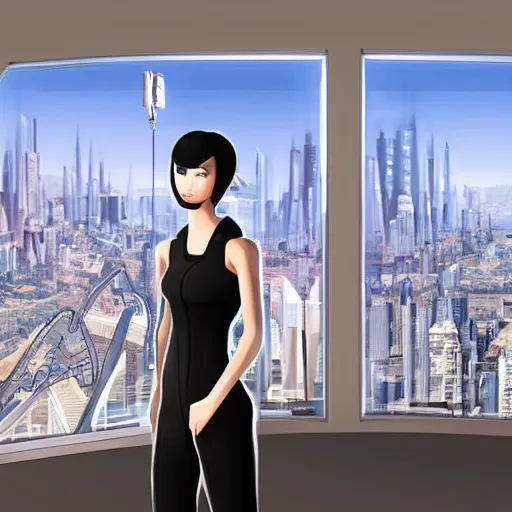 Prompt: A cybernetic woman in a sleek black jumpsuit, looking over her shoulder with a enigmatic smile, standing in front of a large window with a cityscape in the background, by James Jean and Jen Lee and Rebecca sugar, sci fi world, pixiv, unreal engine, HD