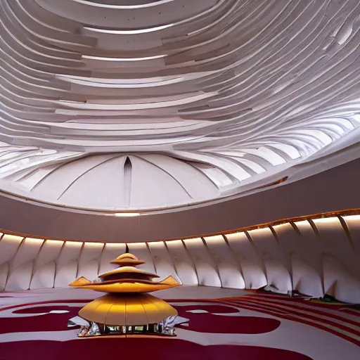 Prompt: interior of a futuristic lotus temple space station with gold, red and white marble panels, by santiago calatrava and zaha hadid and buckminster fuller and syd mead, intricate contemporary architecture, photo journalism, photography, cinematic, national geographic photoshoot