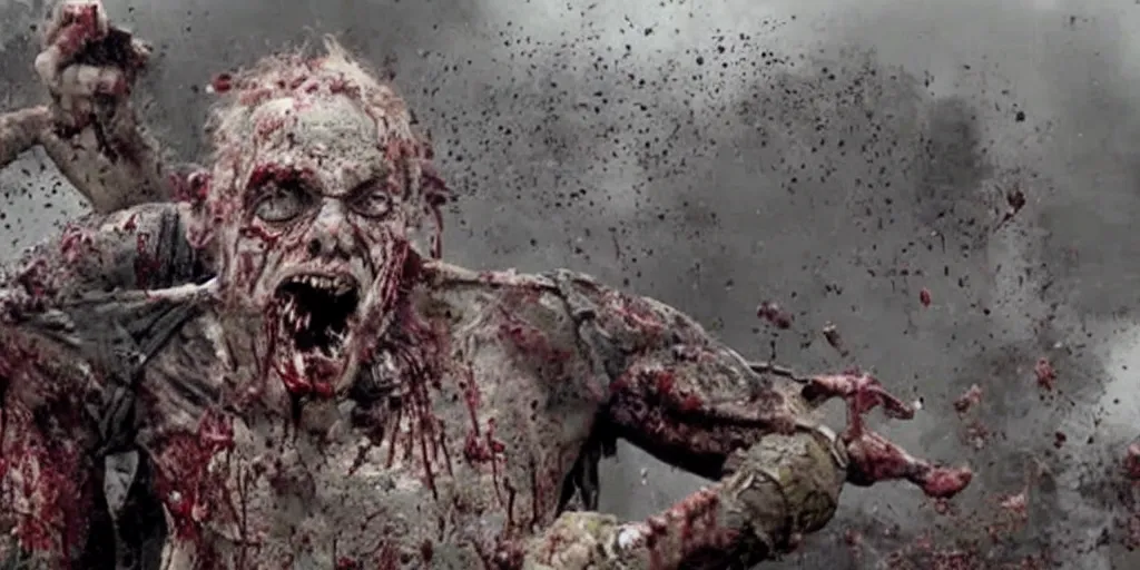 Image similar to a brutal giant zombie try to destroy a bus, still shot from movie