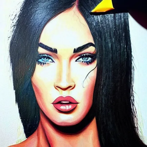 Image similar to “Megan Fox acid paints paintings, ultra detailed portrait, 4k resolution”
