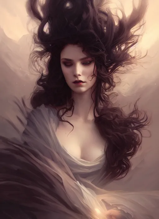 Image similar to photography of a seductive wind swept death, full body portrait, deep focus, d & d, fantasy, intricate, elegant, highly detailed, digital painting, artstation, concept art, matte, sharp focus, illustration, hearthstone, magic the gathering, art by artgerm and greg rutkowski and alphonse mucha