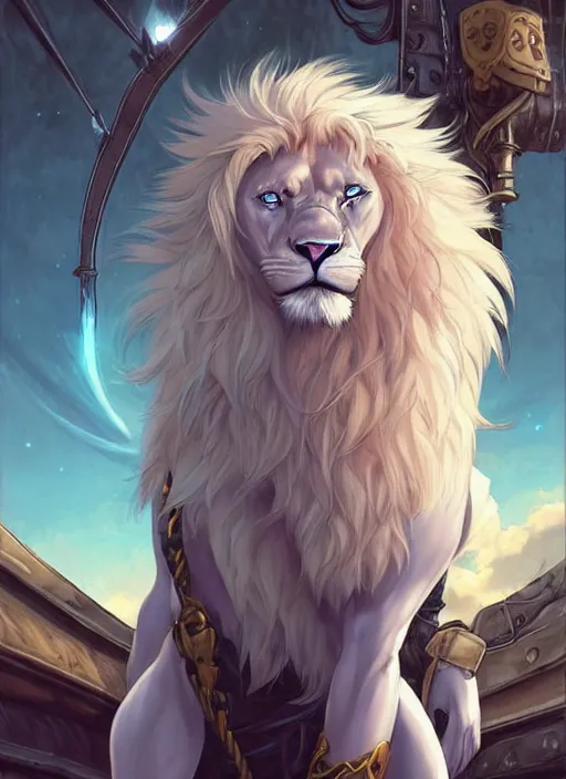 Image similar to aesthetic portrait commission of a of a male fully furry muscular anthro albino lion on a pirates ship wearing an attractive pirates suit with a tail and a beautiful attractive hyperdetailed face at golden hour. Character design by charlie bowater, ross tran, artgerm, and makoto shinkai, detailed, inked, western comic book art, 2021 award winning film poster painting