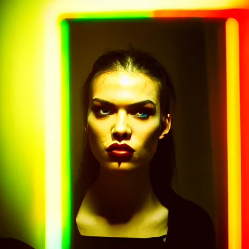 Image similar to cinestill 5 0 d candid photographic portrait by quentin tarantino of a beautiful mixed feminine man wearing black techwear and light makeup looking in a broken bathroom mirror, rundown new york apartment, medium closeup, retrofuturism grunge cyberpunk lights shadows refraction, 3 5 mm, f / 3 2, 4 k, 8 k, hd, high resolution, ultra realistic faces