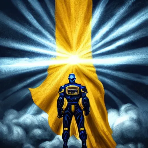 Image similar to a full body shot from distance of a super soldier with a Ukrainian yellow and blue flag standing in the beam of light from the clouds in a triumph after battle, western, masculine figure, D&D, fantasy, intricate, elegant, highly detailed, digital painting, artstation, concept art, matte, sharp focus, symmetrical, illustration, art by Artgerm and Greg Rutkowski and Alphonse Mucha