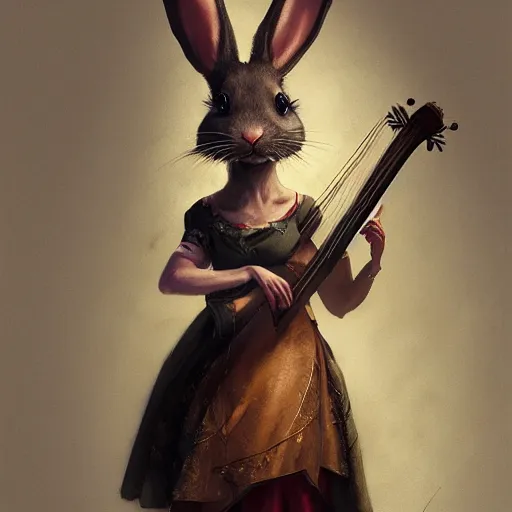 Image similar to A beautiful anthropomorphic rabbit woman in a dress plays the lute, artstation, highly detailed, greg rutkowski