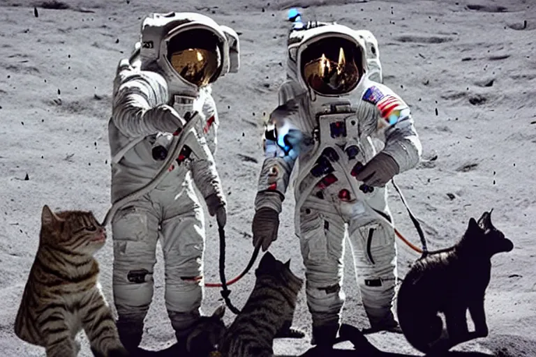 Image similar to 2 astronauts having a vacation in the moon with cats and dogs