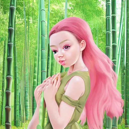 Prompt: A young beautiful giantess with a pretty face,she has green eyes, a cute nose and pink lips,she is wearing a sundress and a face mask, she is walking in a bamboo forest ,detailed body and eyes,proper anatomy, beautiful lighting,,digital art , highly detailed , high contrast, beautiful lighting, award winning , trending on art station, 8k, photo realistic,unreal engine 5